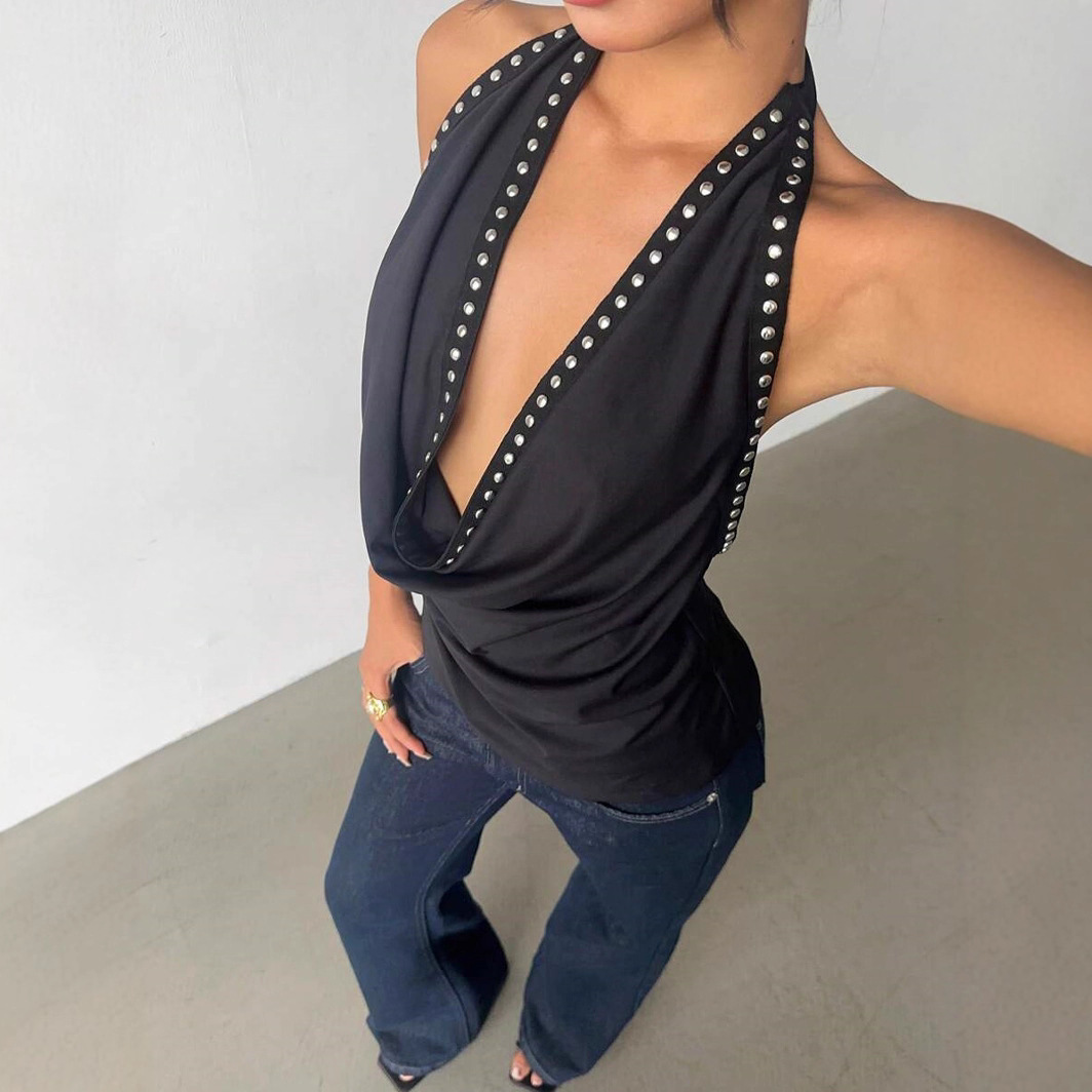Solid-color Top With Studs Sexy Womens Clothing - Image 5