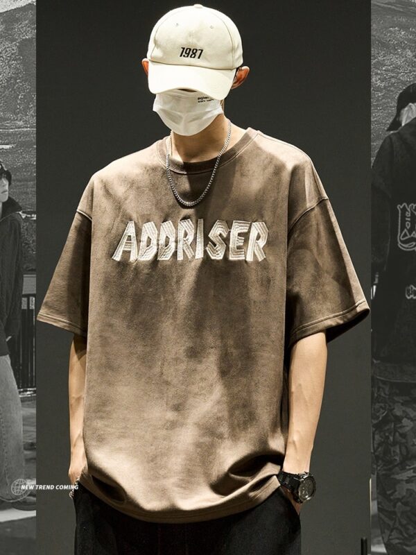 High-Street Embroidered Letter Crewneck Suede-Fleece Short Sleeve - Image 32