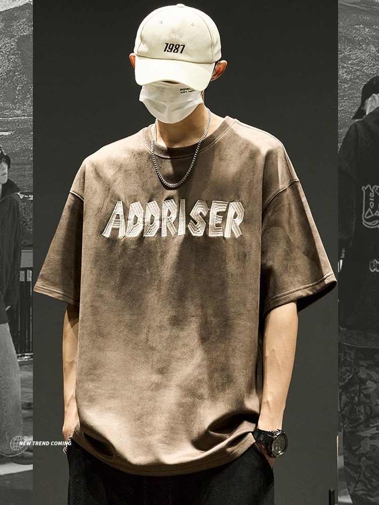 High-Street Embroidered Letter Crewneck Suede-Fleece Short Sleeve - Image 5