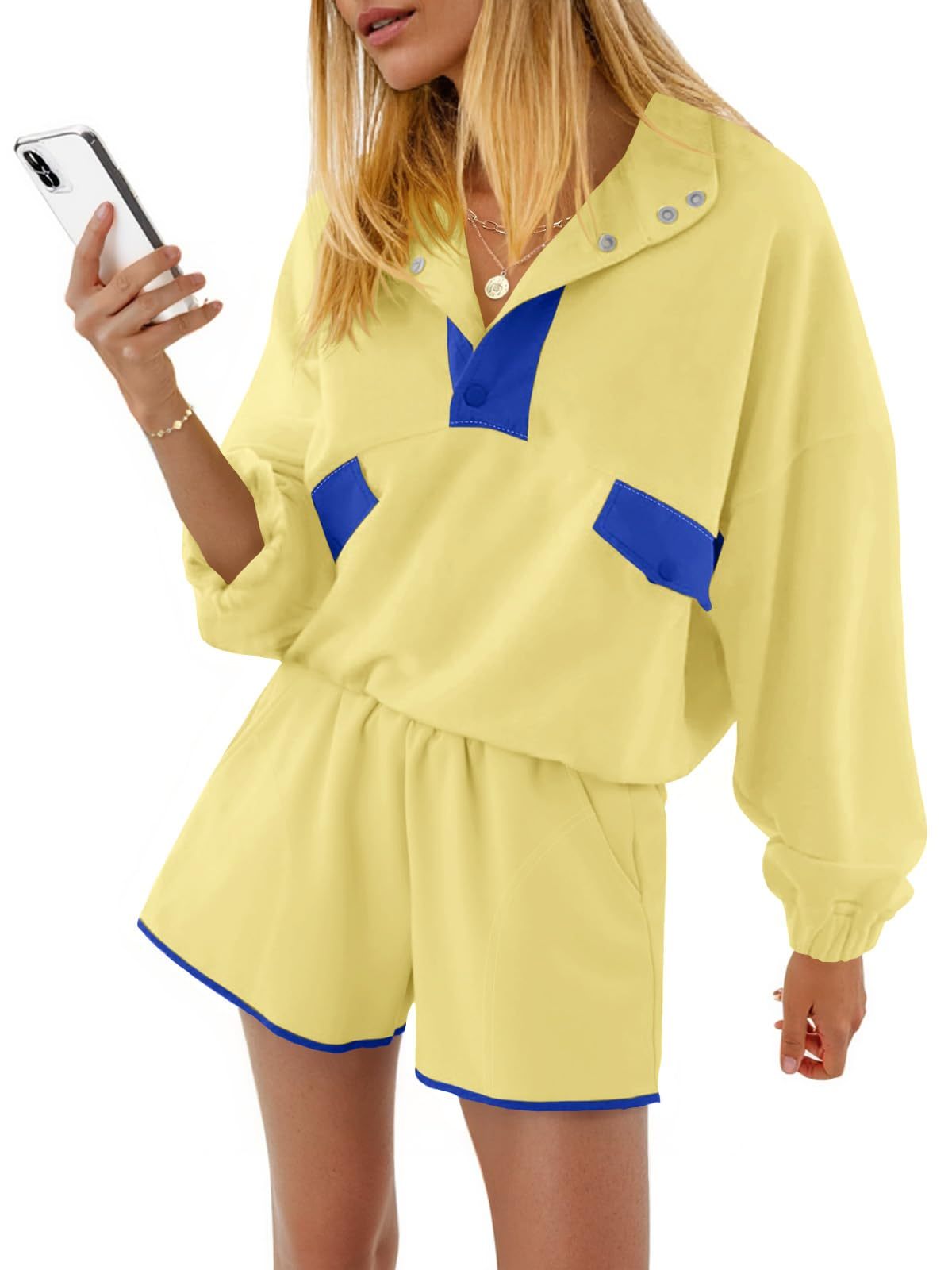 Fisoew Womens 2 Piece Sets Sweatsuits Casual Half Button Color Block Sweatshirts Running Shorts Tracksuits Fall Outfits - Image 1