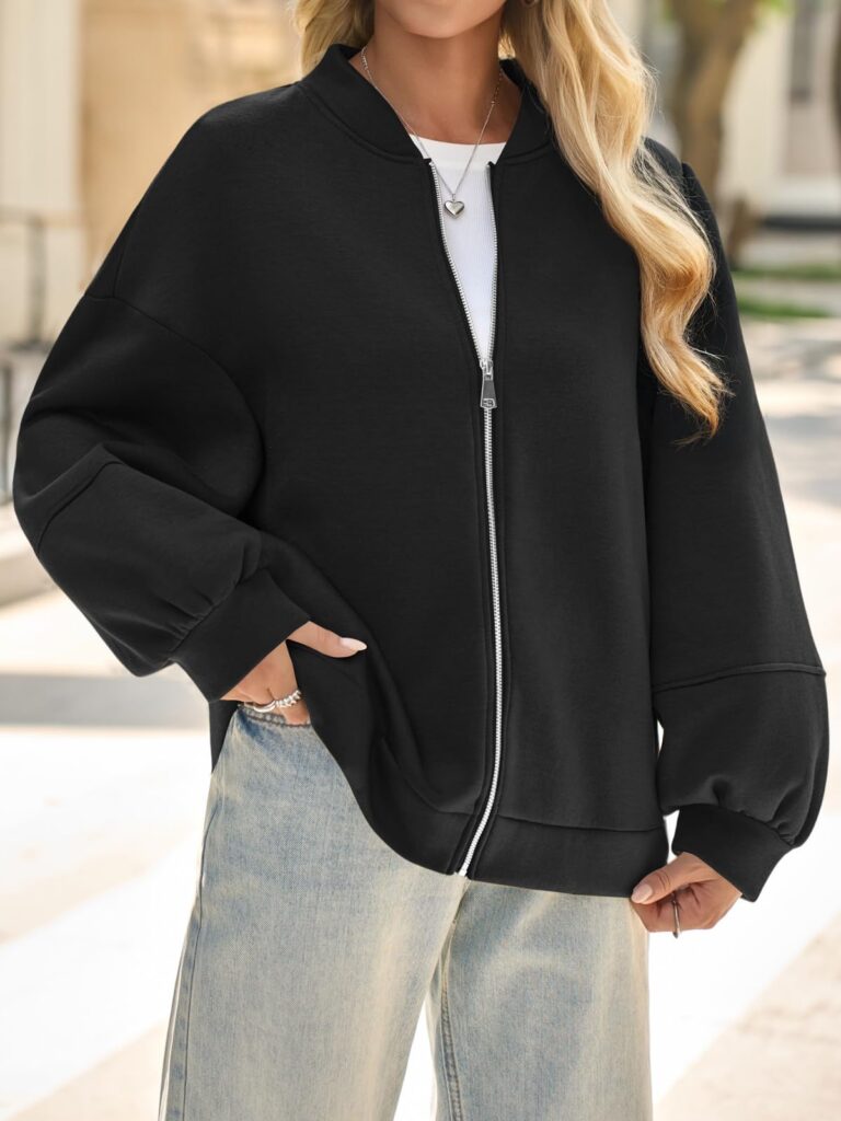 Fisoew Womens Zip Up Sweatshirt Casual Bomber Jacket Lantern Sleeve Oversized Jacket Fall Outfits 2025