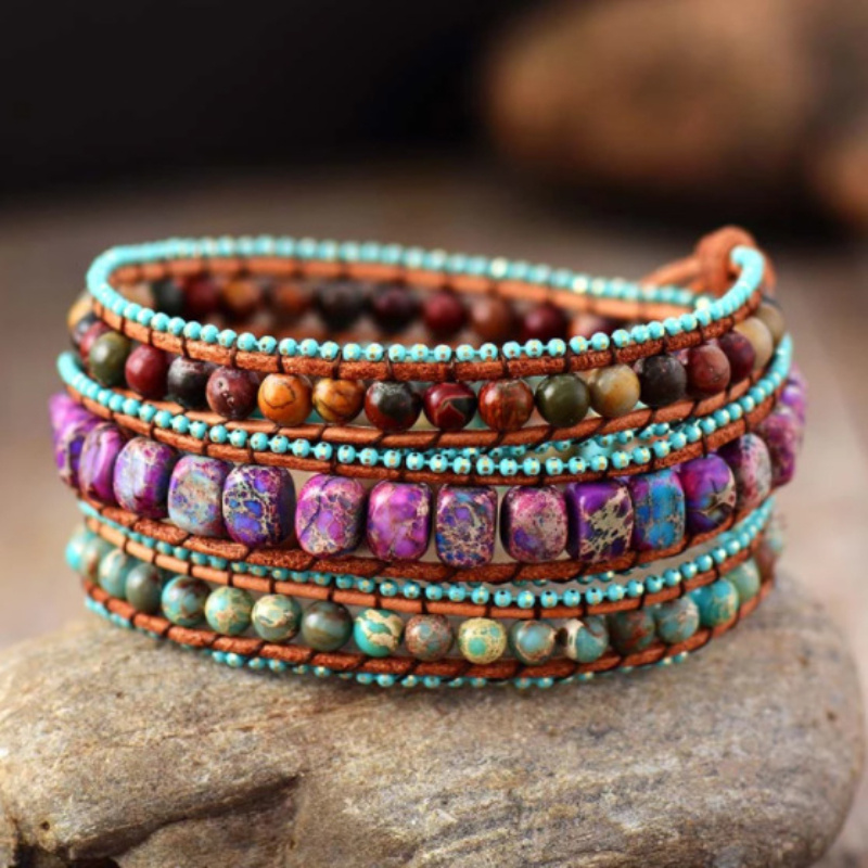 Vintage Leather Bag Bracelet With Mixed Jadeite Multi-layer Bracelet - Image 2