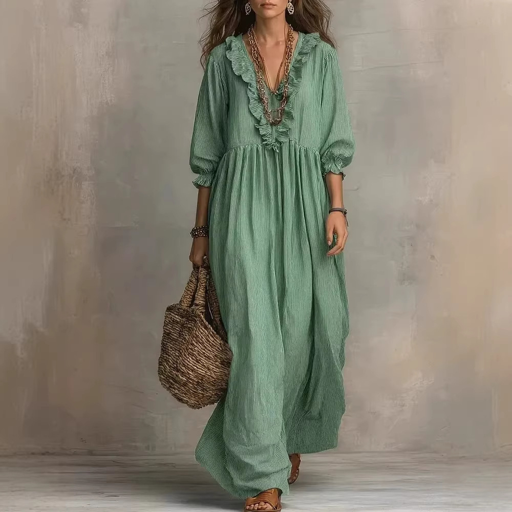 Womens Striped Ruffle-Trimmed Loose High-Waist V-Neck Dress - Image 1