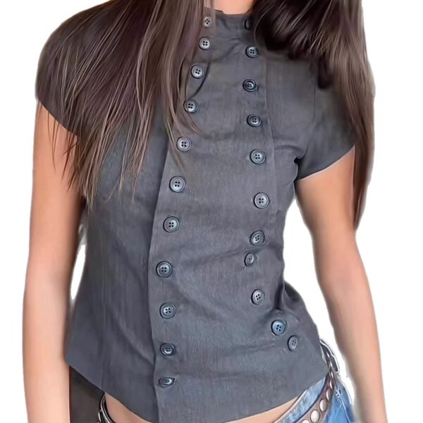 Womens Slim-fit Short-sleeve Top With Double-breasted Buttons And A Stand-up Collar - Image 4