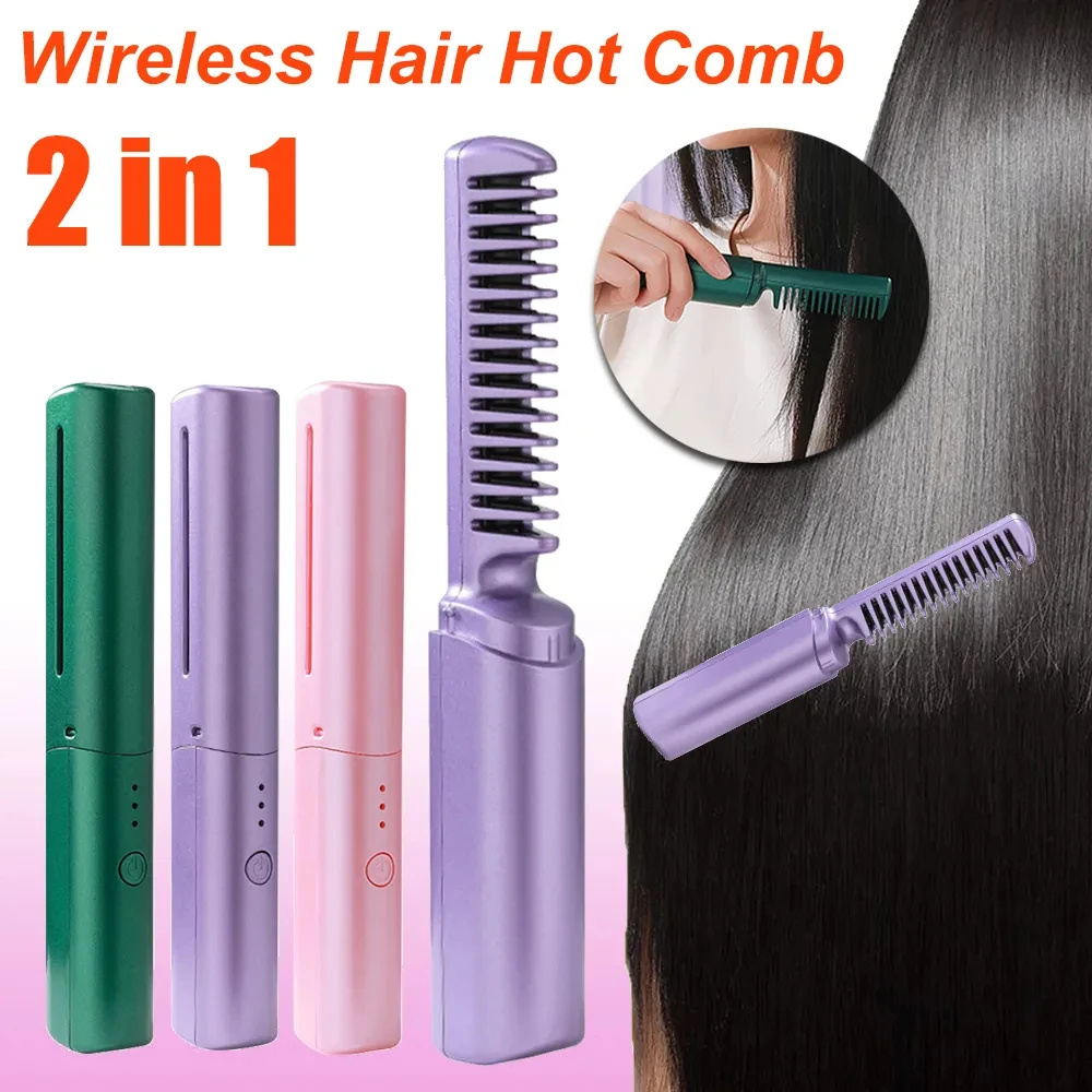 Professional Wireless Hair Straightener Curler Comb Fast Heating Negative Ion Straightening Curling Brush Hair Styling Tools - Image 1