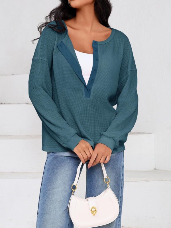 Fisoew Womens Cropped Sweatshirt Casual Waffle Knit Button V Neck Long Sleeve Loose Fit Fall Crop Tops - Image 5