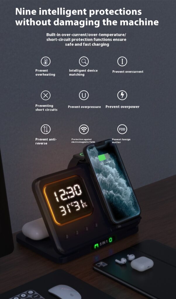 15W Wireless Chargers Stand 5 In1 LED Digital Alarm Clock Fast Charging Dock Station