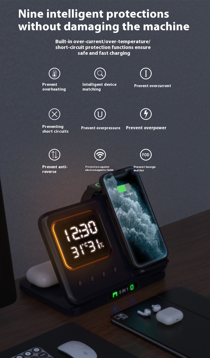 15W Wireless Chargers Stand 5 In1 LED Digital Alarm Clock Fast Charging Dock Station - Image 13