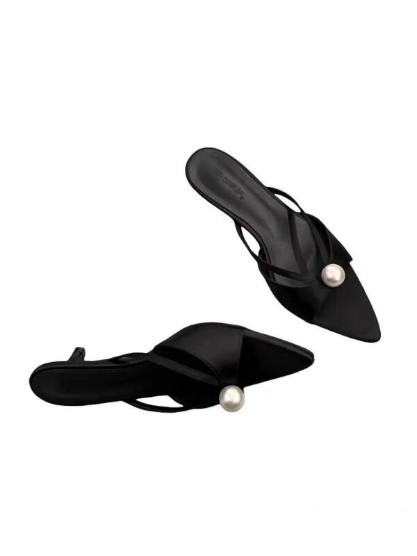 Women's French Style Pearl Embellished Pointed Toe High Heel Mules, Thin Heel Slip-On Slides, New Spring & Summer 2025 Collection, Elegant Daily Wear - Image 3