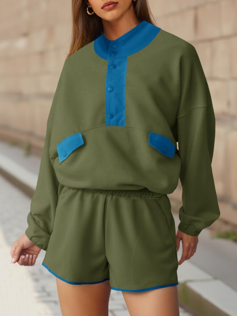 Fisoew Womens 2 Piece Sets Sweatsuits Casual Half Button Color Block Sweatshirts Running Shorts Tracksuits Fall Outfits