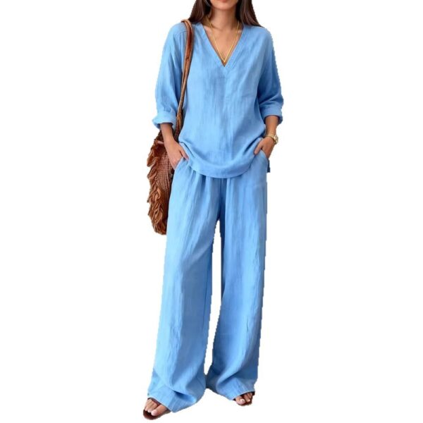 Womens Washed Cotton Multi-Color V-Neck Pullover Long-Sleeve Top And Pants Set - Image 5