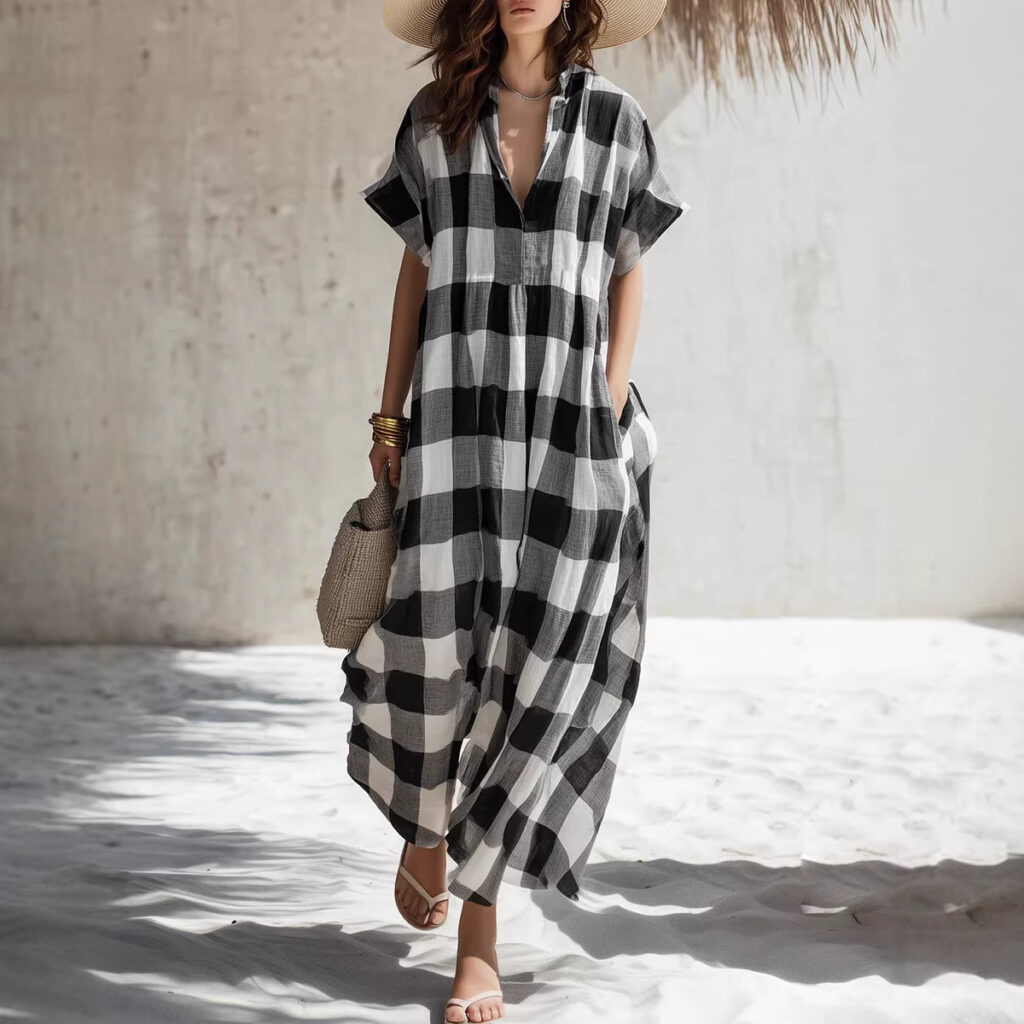 Plaid V-neck Long Cotton-Linen Dress