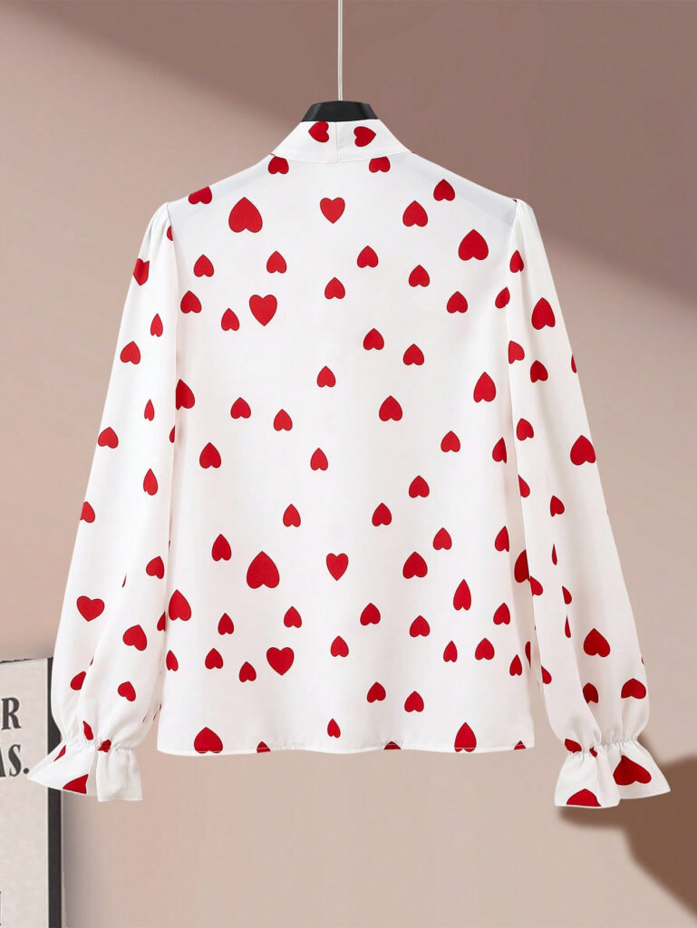 Printed Collared Ruffle-Trimmed Long-Sleeve Womens Shirt