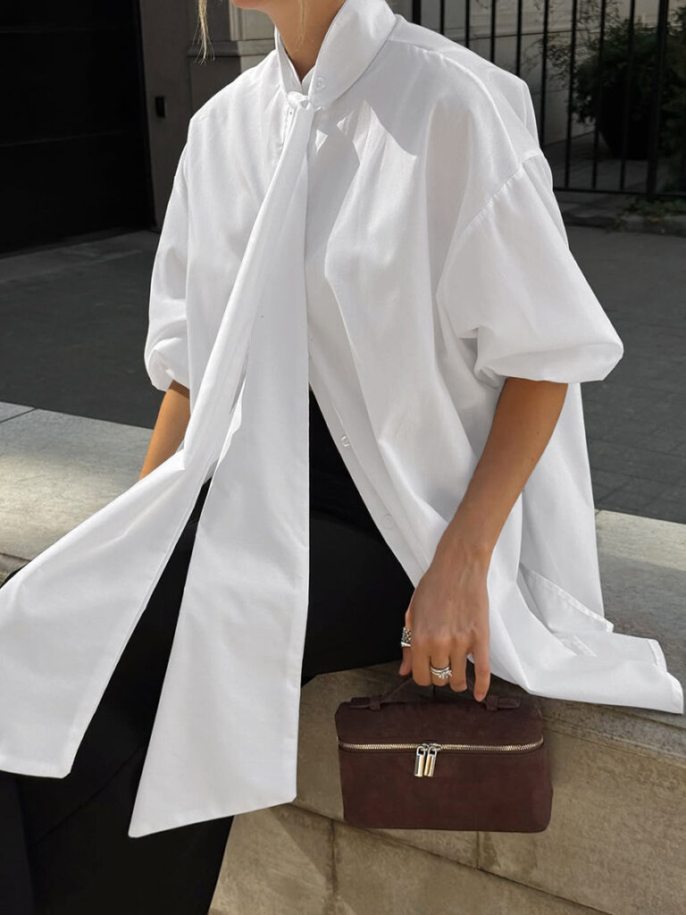 Loose-fitting Long-sleeved White Shirt With A Flowy Collar