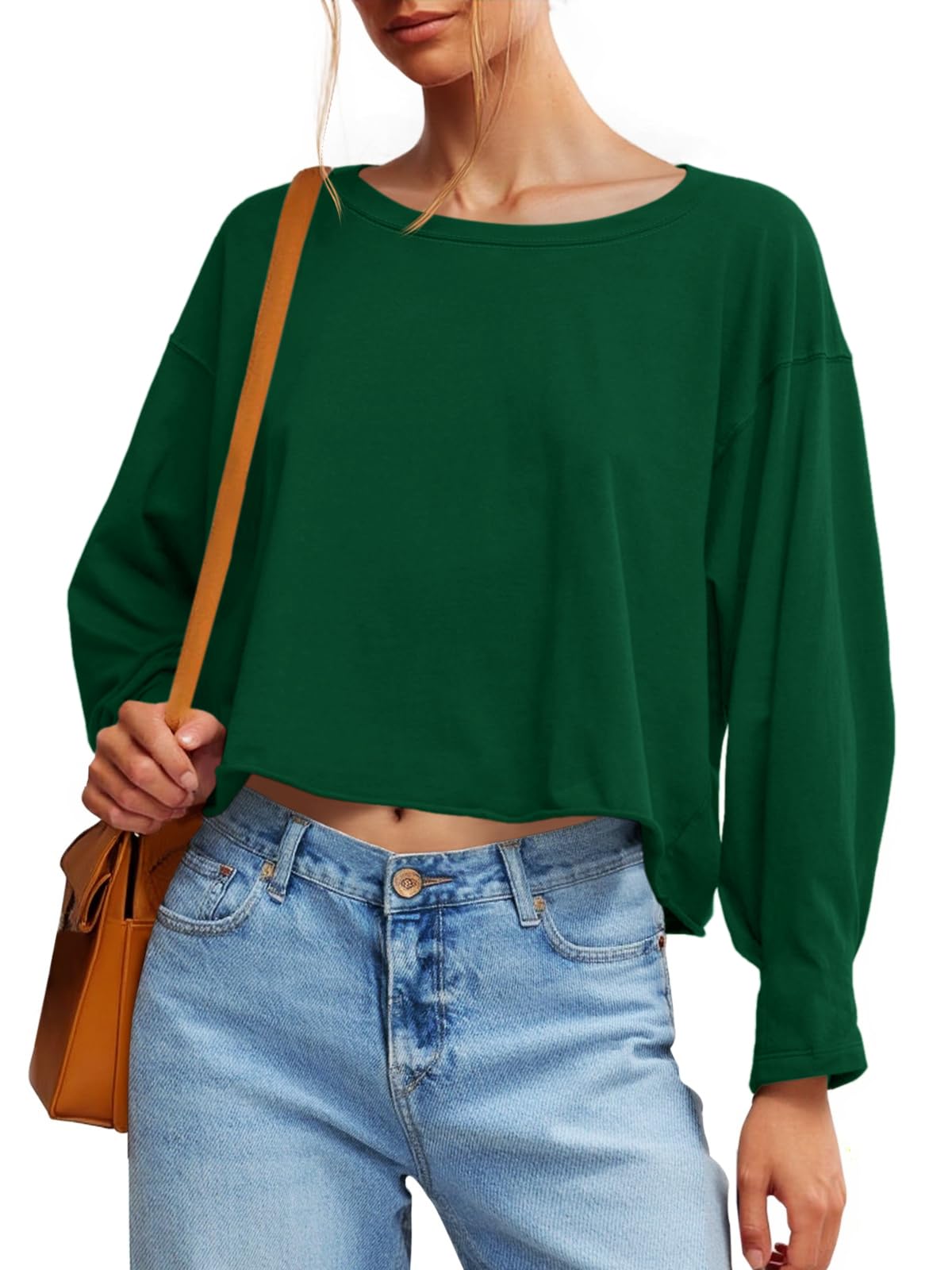 Fisoew Womens Long Sleeve Crop Tops Loose Fit Crew Neck Cropped T Shirts 2025 Casual Workout Tee Shirt Tops - Image 36