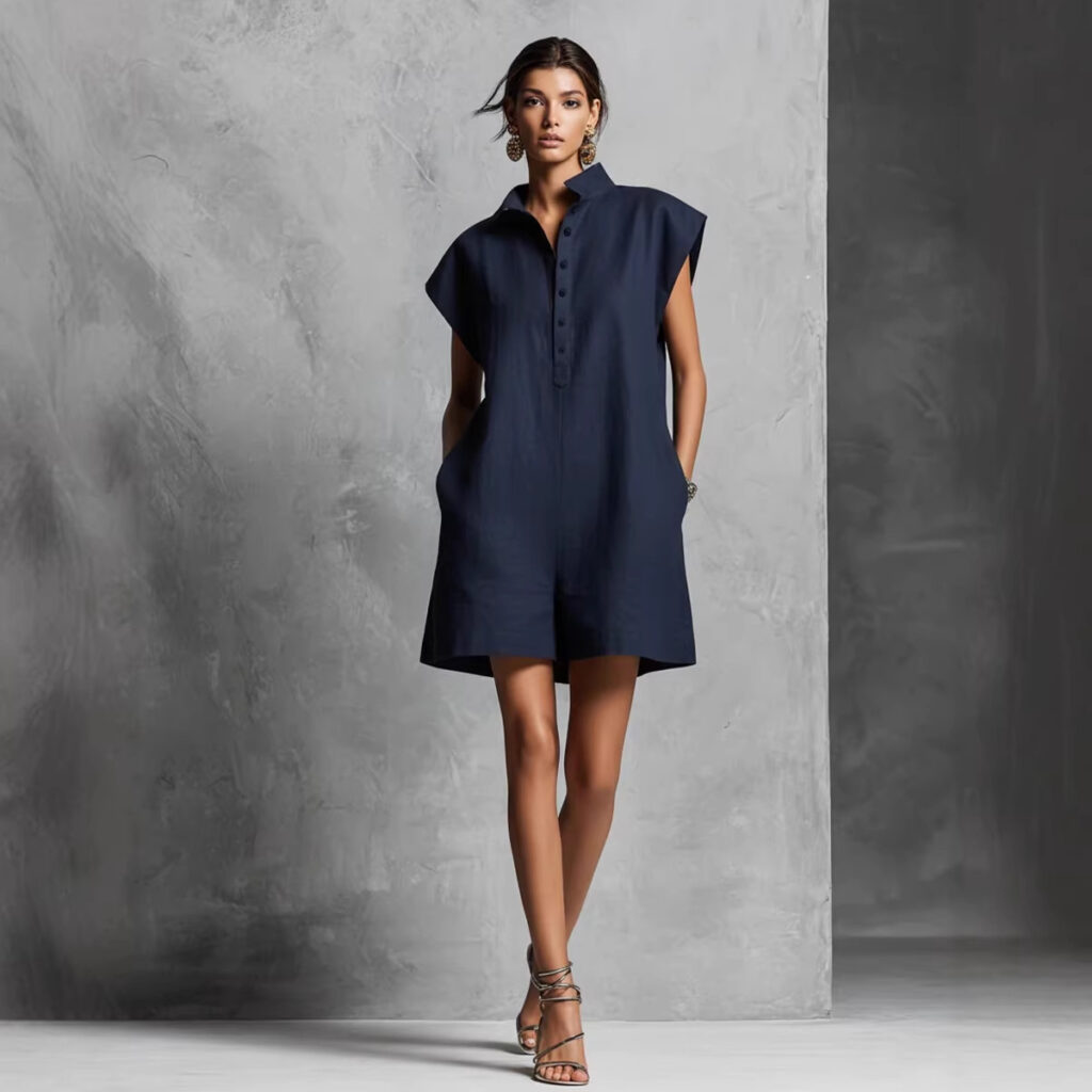 Women's Casual Lapel-Neck Sleeveless Short Jumpsuit