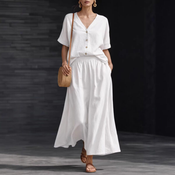 Cotton-linen V-neck Button-up Short-sleeve Top And Skirt Set - Image 2