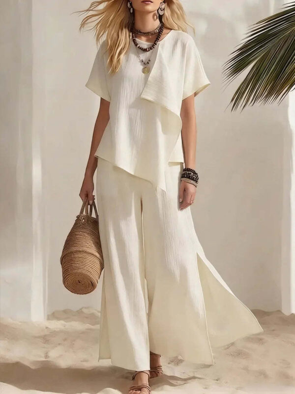 Casual Asymmetrical Short-sleeve Top And Slit Wide-leg Pants Set - Image 6