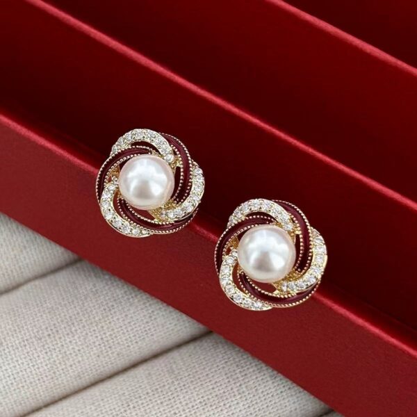 Light Luxury Diamond-Encrusted Red Pearl Earrings Womens Versatile And Fashionable - Image 10