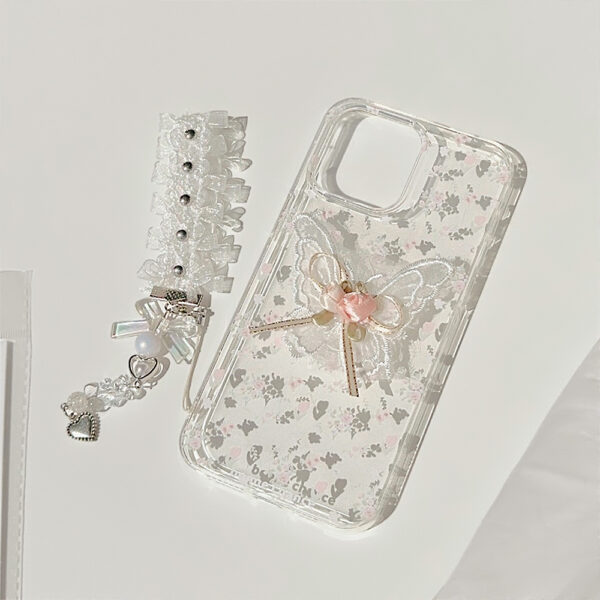 Aesthetic Embroidered Butterfly Flower Phone Case With A Transparent Lace Pendant - Image 11