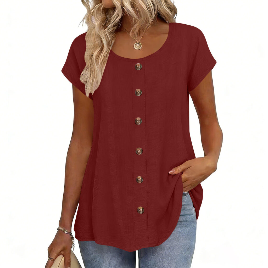 Decorative Girl Button Solid Color Short-Sleeve Crewneck T-Shirt Top