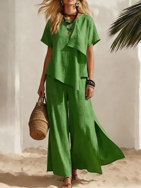 Casual Asymmetrical Short-sleeve Top And Slit Wide-leg Pants Set - Image 2