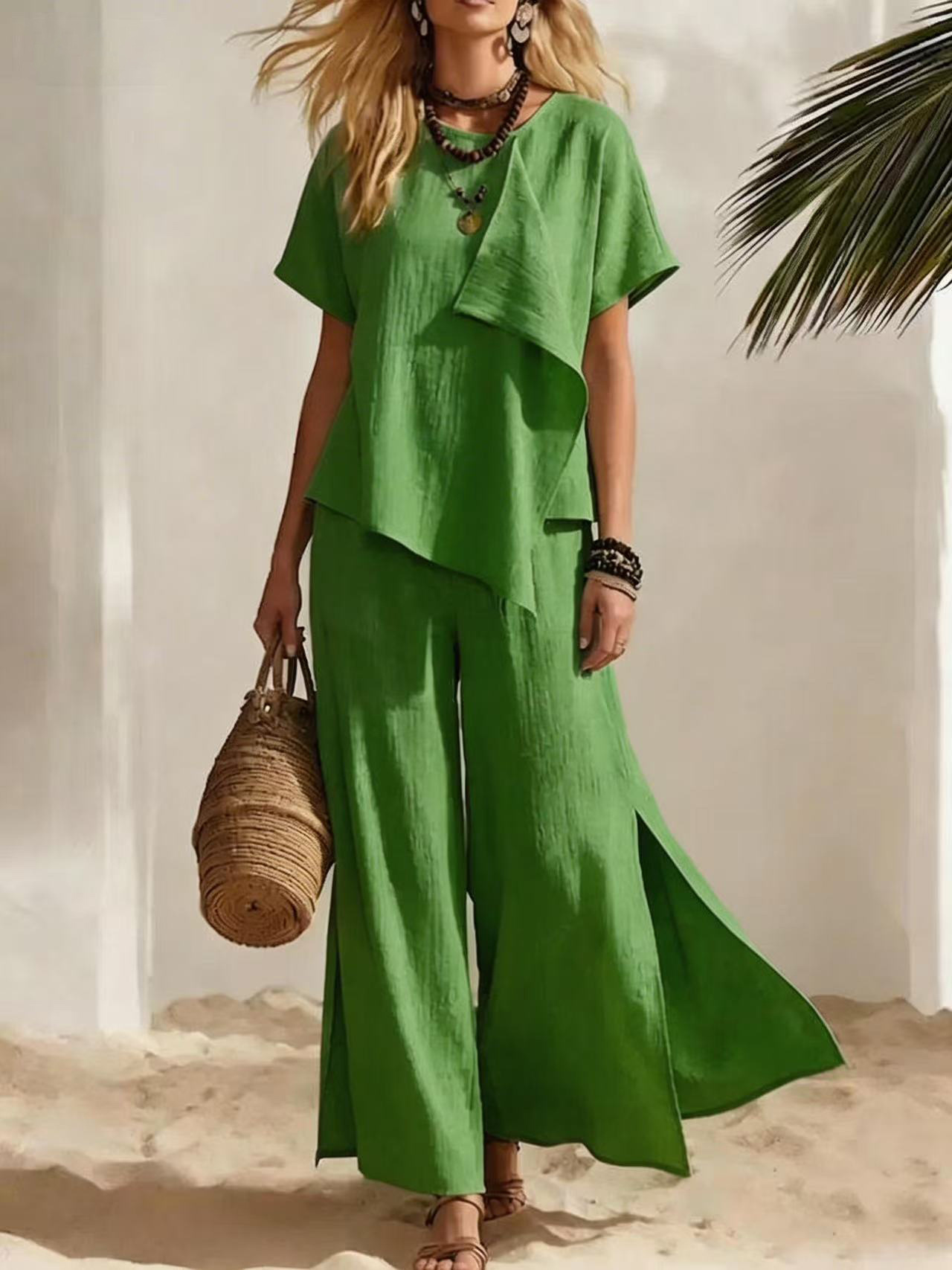 Casual Asymmetrical Short-sleeve Top And Slit Wide-leg Pants Set - Image 2