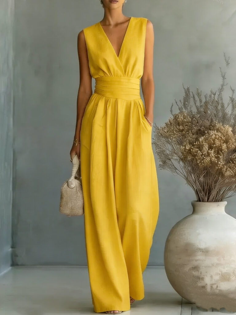 Womens Elegant Sleeveless Waist-Cinching V-Neck Sophisticated Jumpsuit