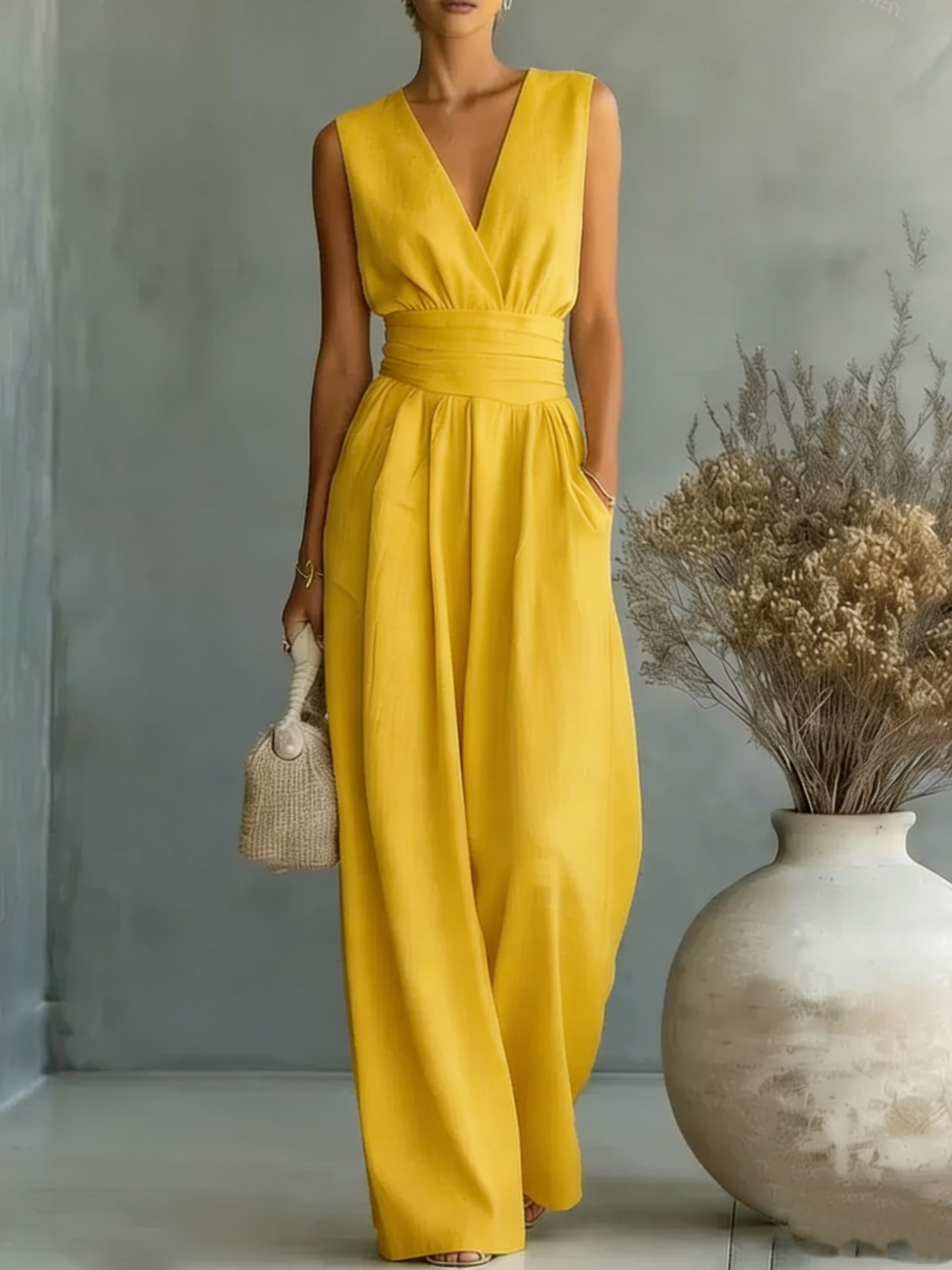 Womens Elegant Sleeveless Waist-Cinching V-Neck Sophisticated Jumpsuit - Image 11