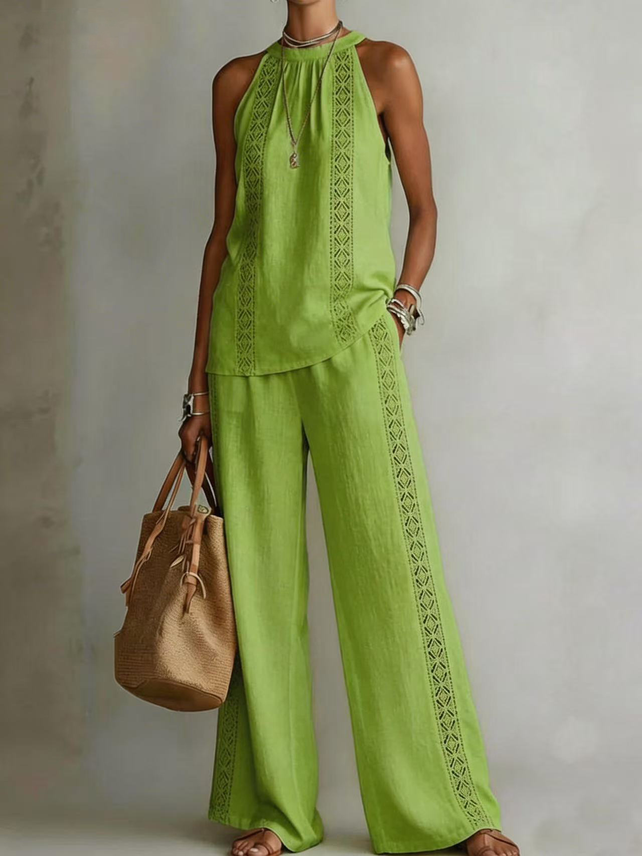 Womens Retro Lace Sleeveless Top And Wide-Leg Pants Two-Piece Set - Image 10