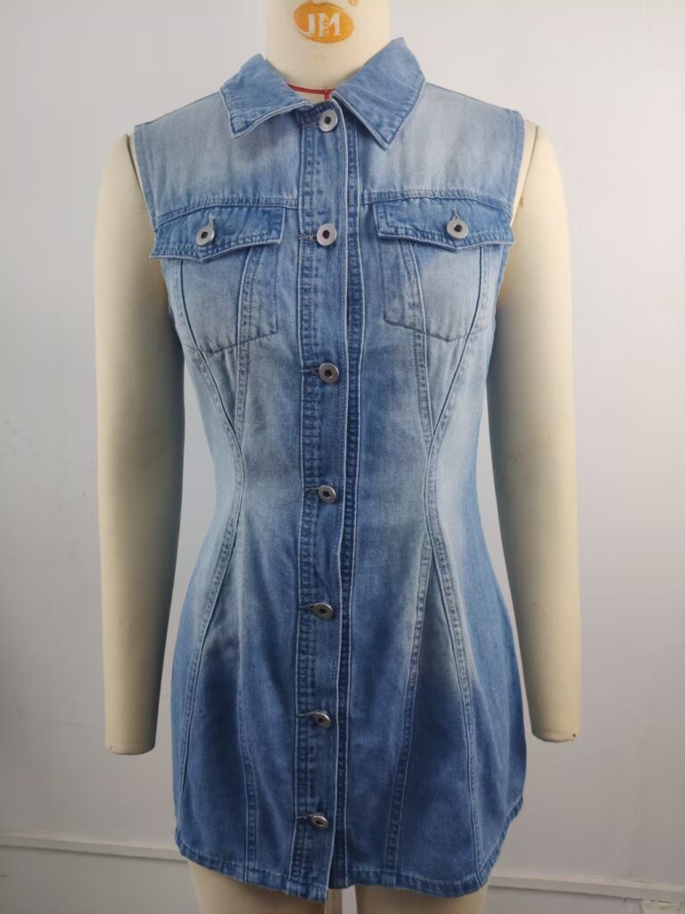 Womens Washed Slim-fit Sleeveless Midi Denim Dress