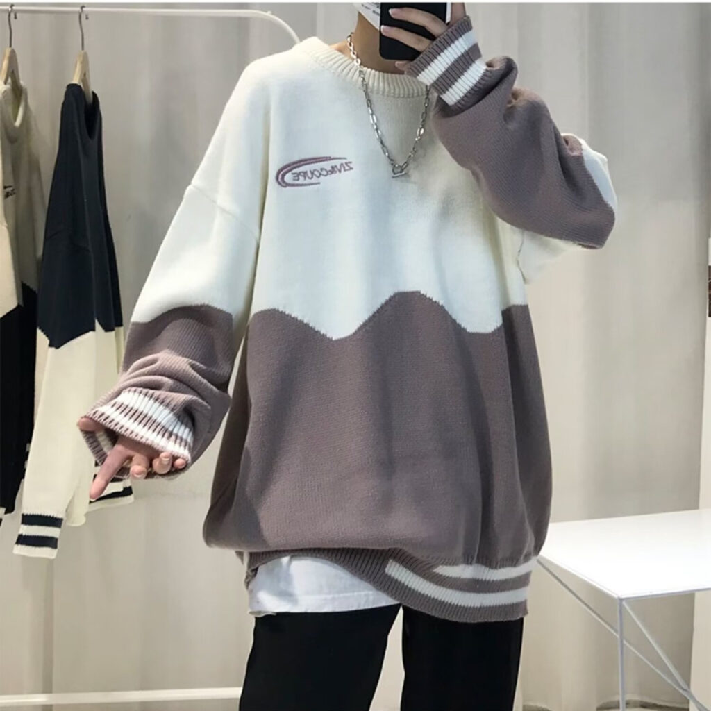 Color Blocked Autumnwinter Crewneck Sweater For Men