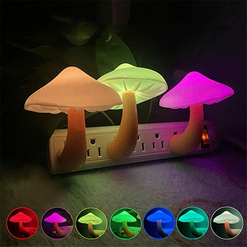 LED Night Light Mushroom Wall Socket Lamp EU US Plug Warm White Light-control Sensor Bedroom Light Home Decoration - Image 1