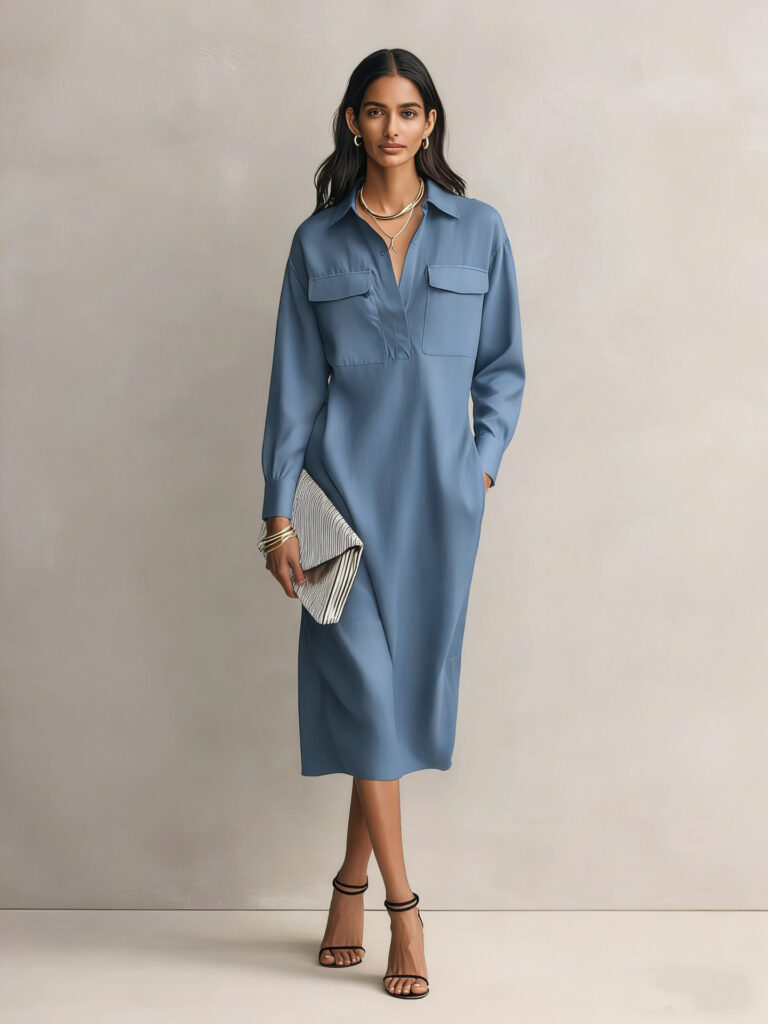 Womens French-style Elegant Commuter Shirt Dress With A Defined Waist, Slimming Fit
