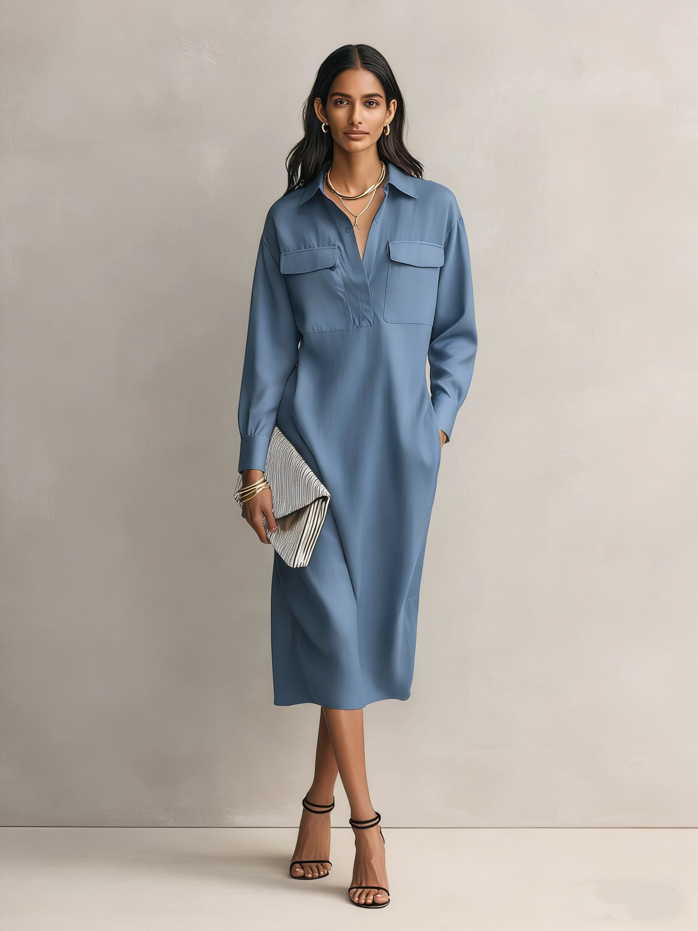 Womens French-style Elegant Commuter Shirt Dress With A Defined Waist, Slimming Fit - Image 12