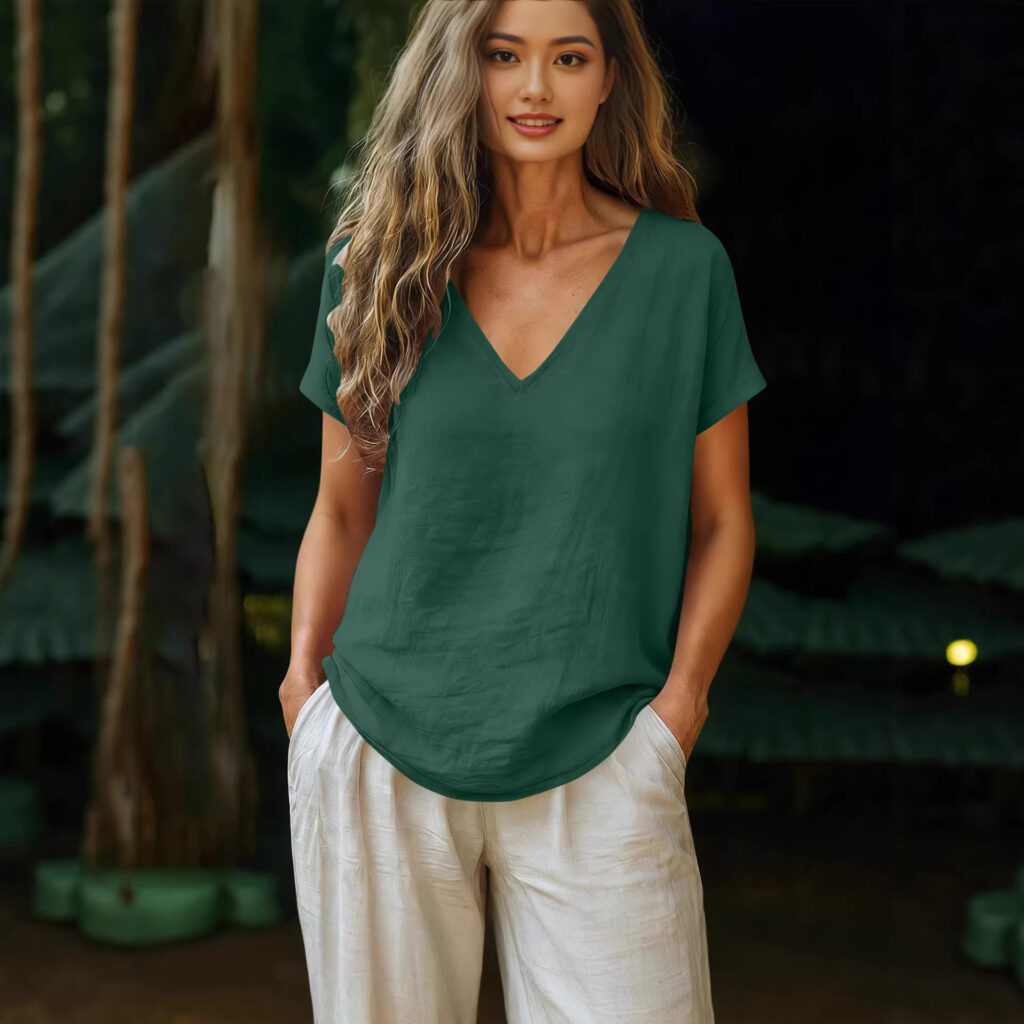 Women's Cotton-Linen Short-Sleeve V-Neck Pullover Top