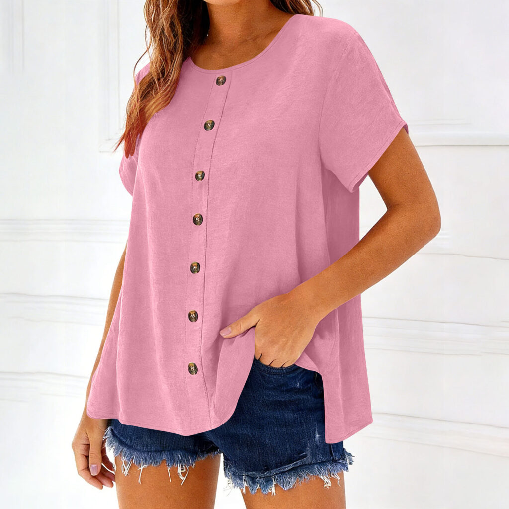 Decorative Girl Button Solid Color Short-Sleeve Crewneck T-Shirt Top