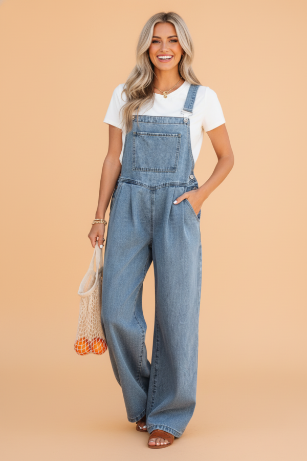 Pleated Wide Leg Pocketed Denim Jumpsuit - Image 11
