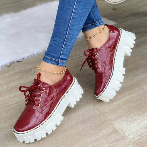Thick Heel Flat Platform Oxford Women Shoes Black/Red/Pink - Image 2