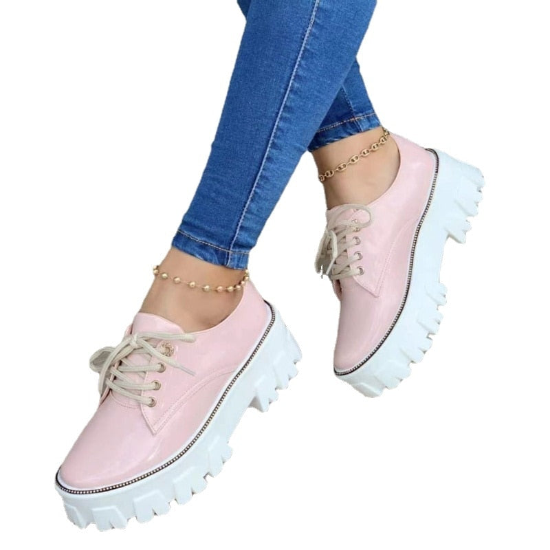 Thick Heel Flat Platform Oxford Women Shoes Black/Red/Pink - Image 18