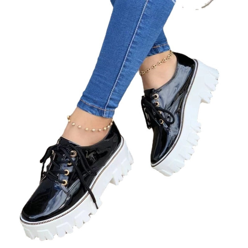 Thick Heel Flat Platform Oxford Women Shoes Black/Red/Pink - Image 13