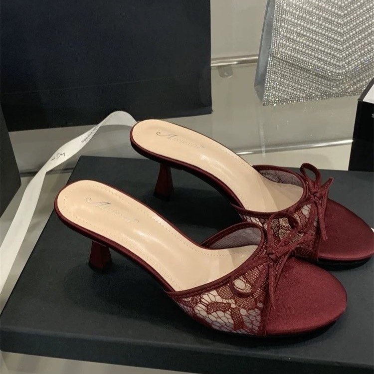French Style Lace Bow Kitten Heel Mules For Women - Image 6