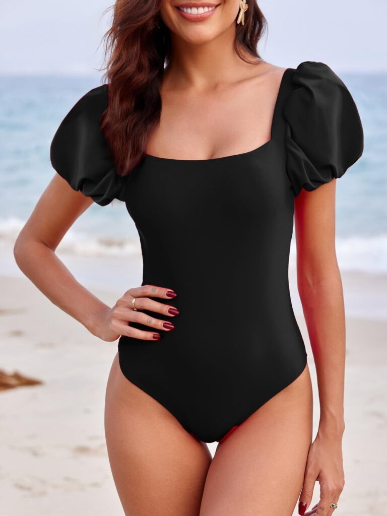 Saodimallsu Womens One Piece Swimsuit Short Puff Sleeve Square Neck Sexy Backless Tummy Control Bathing Suit
