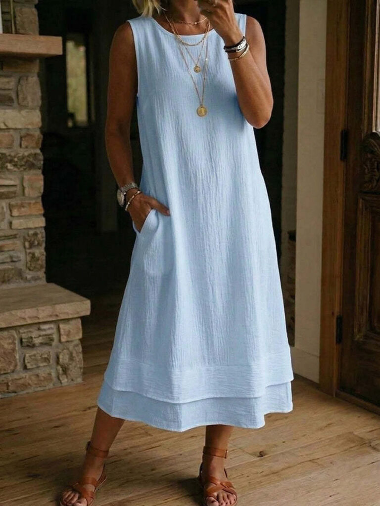 Women's Fashion Casual Cotton-Linen Crew-Neck Sleeveless Dress
