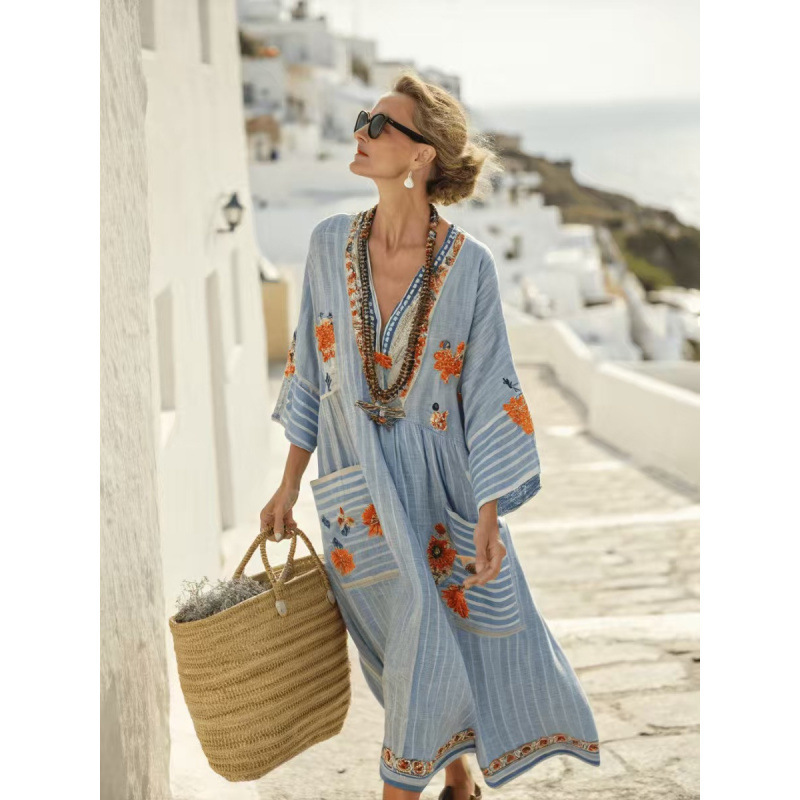 Beach Vacation Long Striped Embroidered Dress - Image 4