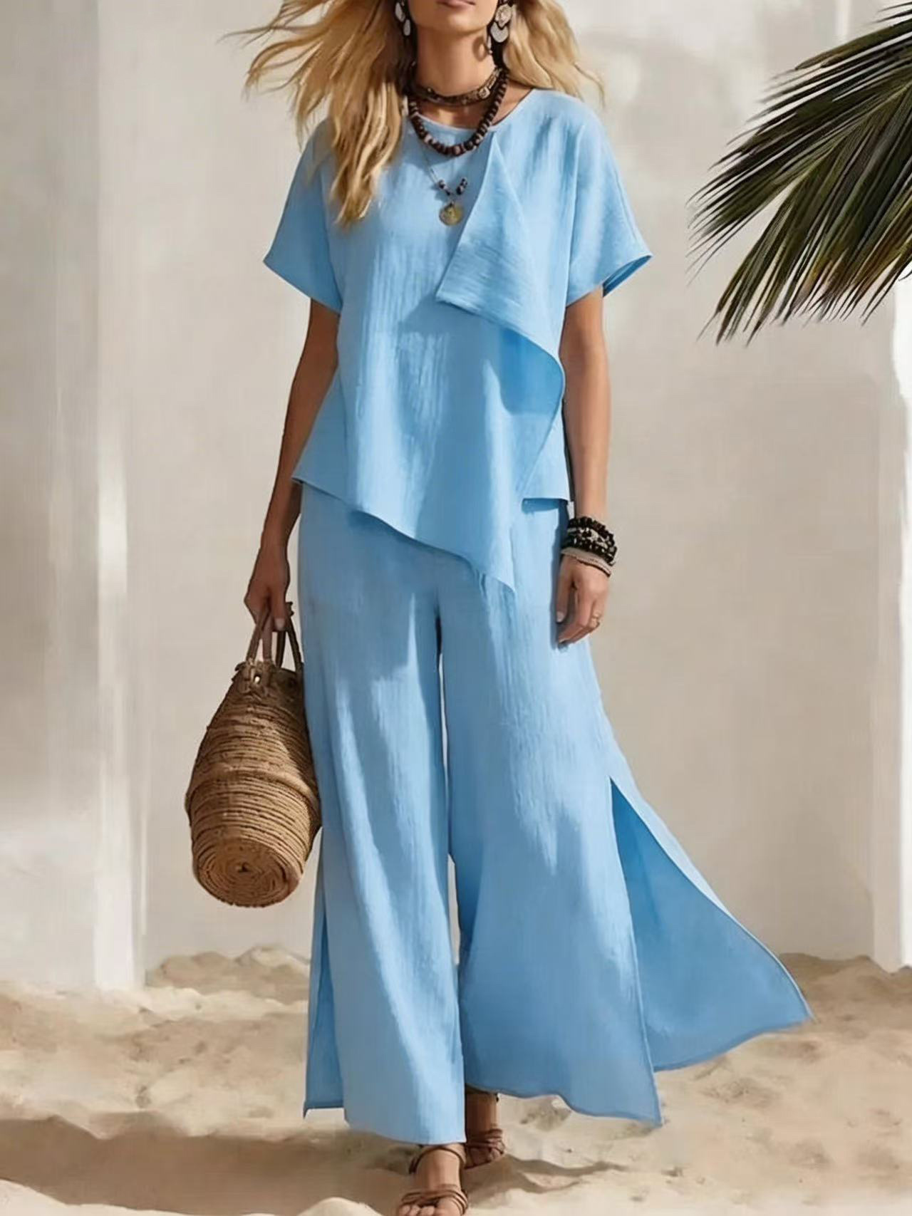 Casual Asymmetrical Short-sleeve Top And Slit Wide-leg Pants Set - Image 10