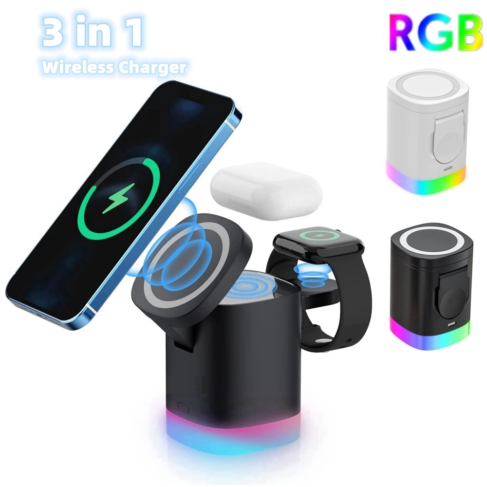 3 In 1 Magnetic Wireless Fast Charger For Smart Phone RGB Ambient Light Charging Station For Airpods IWatch - Image 1