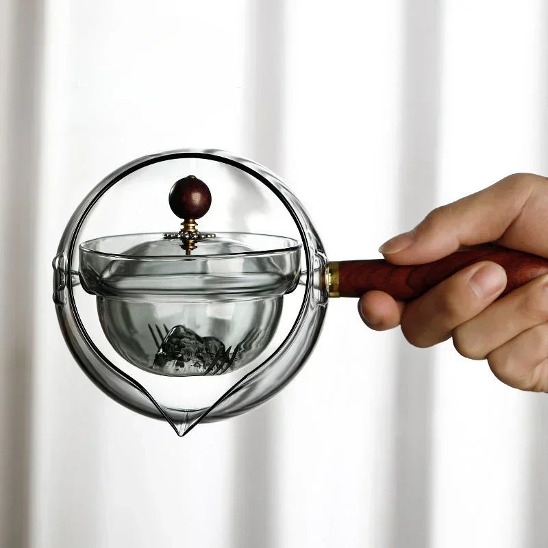 Semi-automatic Rotary Heat-resistant Glass Teapot Lazy Tea Making With Infuser And Wooden Handle Office Home Accessories Kitchen Gadgets - Image 10