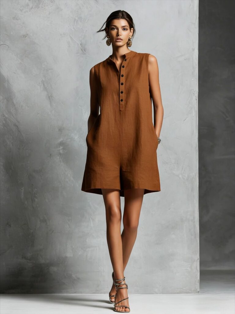 Women's Casual Lapel-Neck Sleeveless Short Jumpsuit