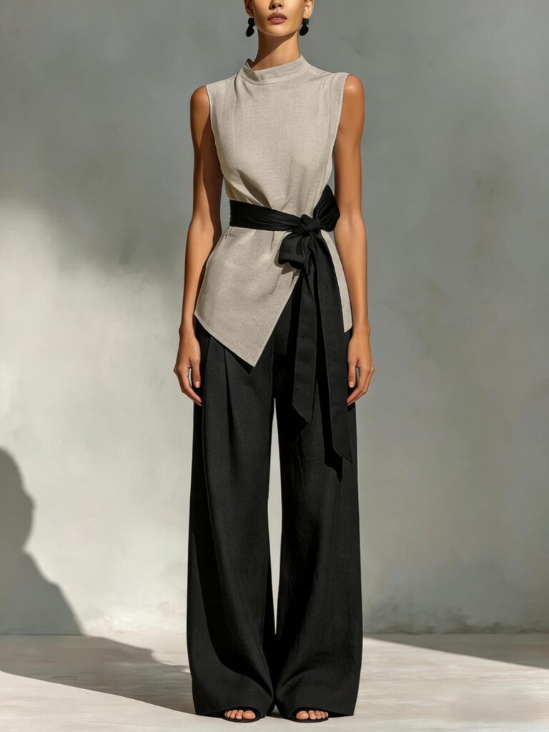 Womens Lace-Up Sleeveless Top And Wide-Leg Pants Two-Piece Set